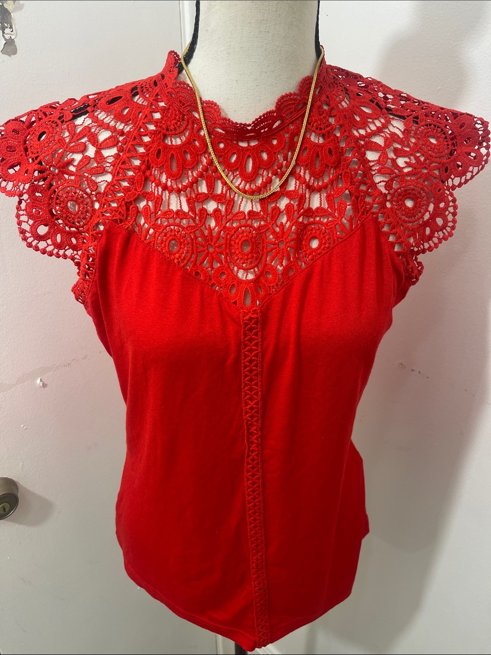 MINE Women's Red Crochet Yoke Shell Top